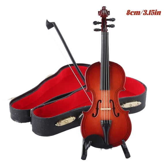 Playable Tiny Violin Figurine - Mini Musical Instrument Replica with Sound, Bow and Case, Wooden Collectible Model Display Ornament