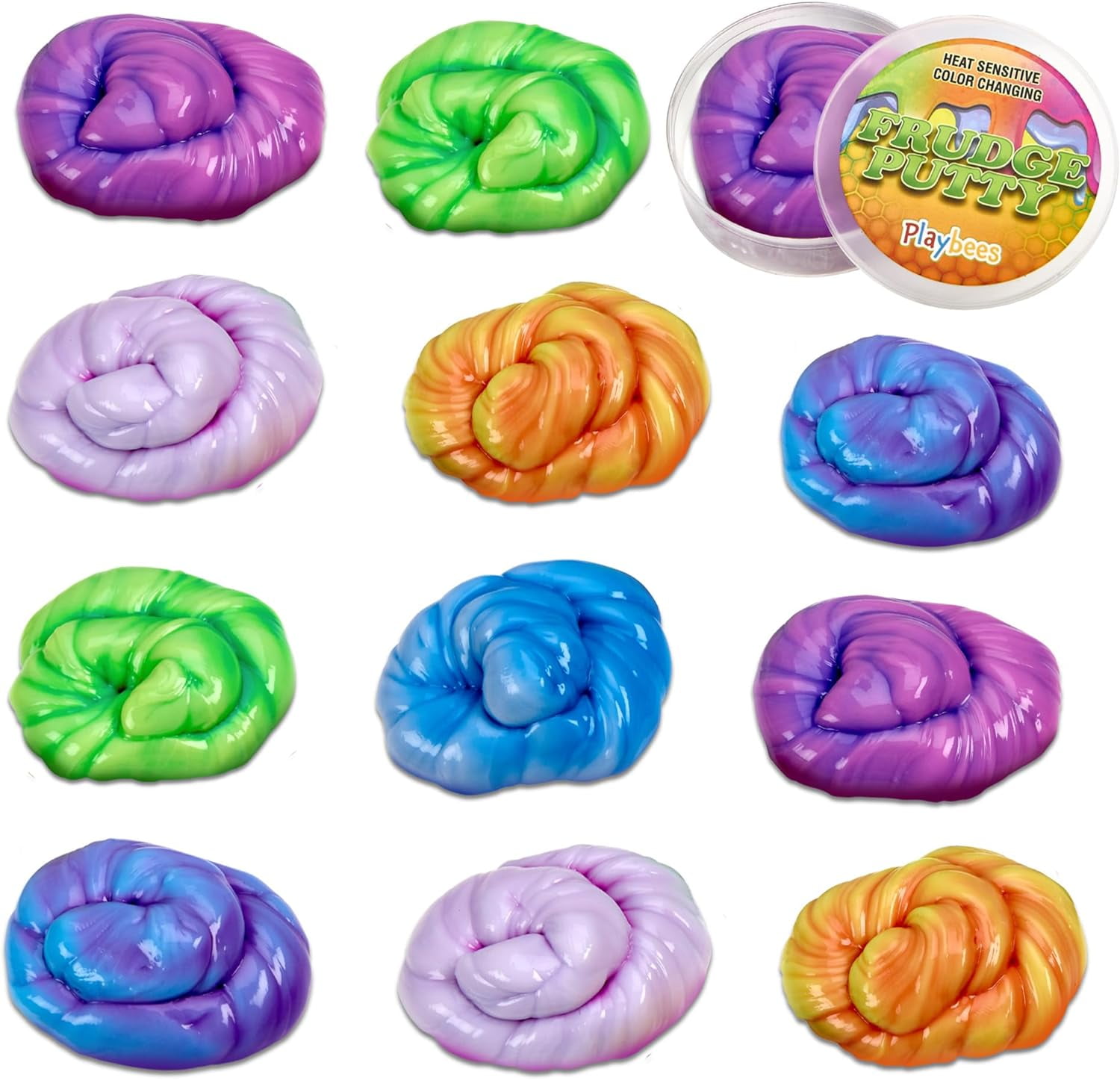 Playbees Color Changing Frudge Putty - 12 Pack - Mini Slime Putty for Sensory Play, Educational Games, Fidget Toys - Heat Sensitive - Magical Color Shifts - Slime Favors 0.5 Oz