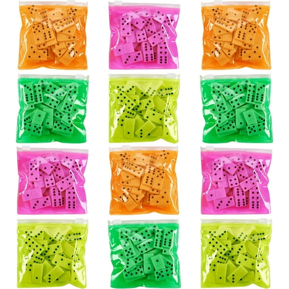 Playbees Domino Game Set Pack of 12 Each Bag includes 28 Pieces of Dominoes Set Comes with Colorful Bags Neon Pink Yellow Green and Orange - Awesome Party Favor, Educational Toys Adults & Teens