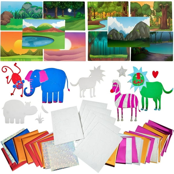 Playbees Foil Fun Animals Mega Pack Preschool Arts and Crafts Kit for Kids- No Mess Art Boys & Girls Ages 4, 5, 6, 7, 8, 9 Years Old - DIY Creative Activity - Art & Craft Activity, Art Supplier Toys
