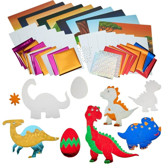 Playbees Foil Fun Dinosaurs - Preschool Arts and Crafts Kit for Kids- No Mess Art for Boys & Girls Ages 4, 5, 6, 7, 8, 9 Years Old - DIY Creative Activity - Art & Craft Activity - Art Supplier Toys