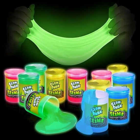 Playbees Glow in The Dark Slime - 12 Pack - Neon Blue, Green, Pink, Yellow Colors - Glowing Slime Kit for Kids - Party Favors, Goody Bag Fillers