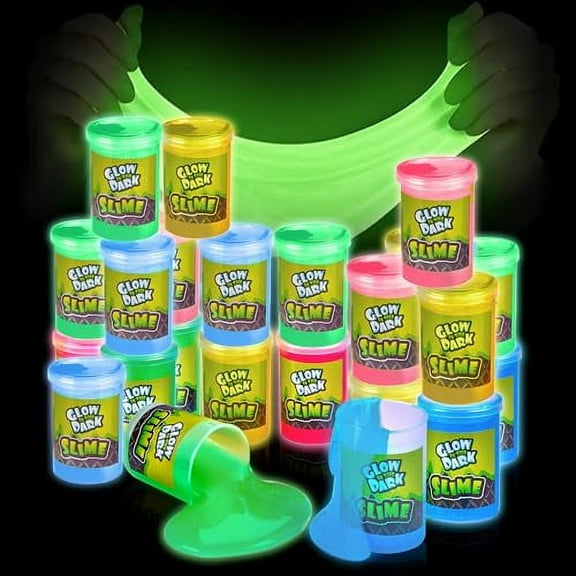 Playbees Glow in The Dark Slime - 24 Pack - Neon Blue, Green, Pink, Yellow Colors - Glowing Slime Kit for Kids - Party Favors, Goody Bag Fillers