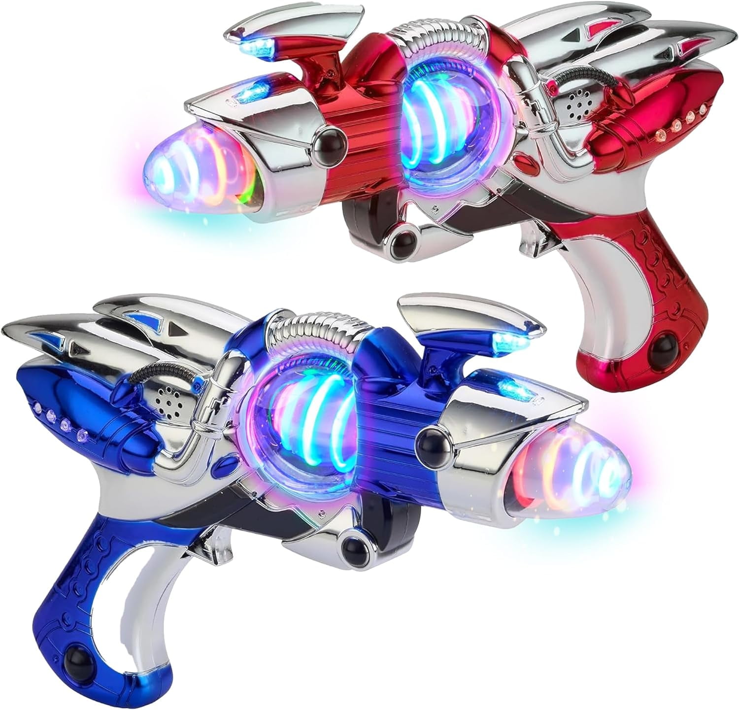 Playbees Light-Up Noise Blaster - Red & Blue 2 Pack - 11.5 Inches - Super Spinning Space Sound Effects with Futuristic Power Galaxy Ranger FX for Party Favor, Novelty, Bag Stuffer