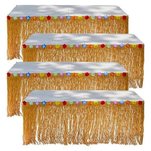 Playbees Luau Hawaiian Grass Table Skirt - 4 Pack - 9 Feet x 29 Inch - Authentic Island Party Decorations with Hibiscus Flowers, for Kids and Adult Birthdays, Polynesian Themed Events