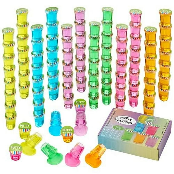 Playbees Mini Putty with Glitter - 96 Pack Neon Color Sludge - Educational Fidget Toy - Stress Relief, Party Favors