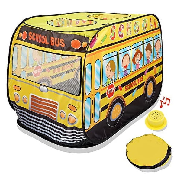 Playbees Musical School Bus Pop Up Play Tent with 3 Openings, Carry Bag, and Sound Button - Yellow Playhouse Toy for Kids Fun Learning, Pretend Play, Gift, Prop - 43.5 x 28 x 26.5 Inch