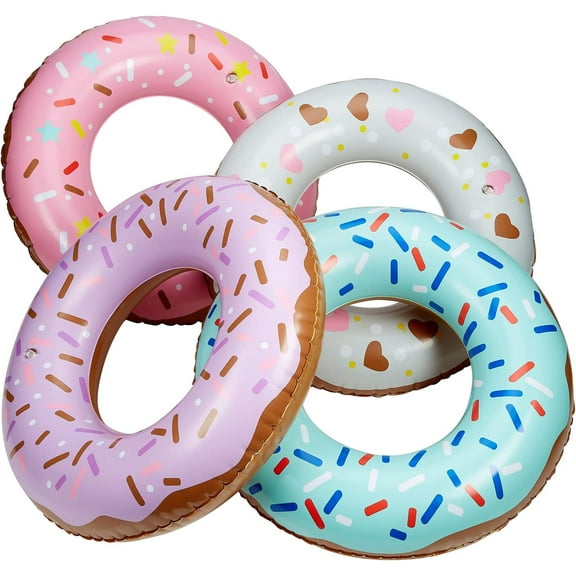 Playbees Sprinkle Donut Pool Floats - 4 Pack - Inflatable Floaties for Kids & Adults - Fun Summer Water Toy for Pool Parties and Decorations