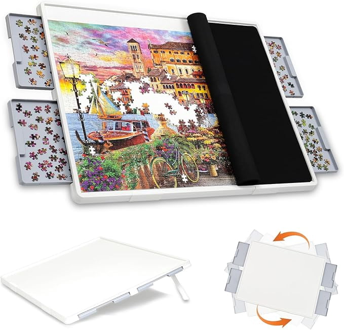 Playboda 1500 Pieces 2-in-1 Tilting & Rotating Puzzle Board with Drawers and Cover, 35"x27" Portable Spinning Jigsaw Puzzle Table, Upgraded Lazy Susan