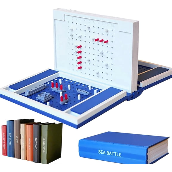 Playbook'd Hangman, Hangman Game Magnetic Cowboy 3D Printed, Playbook Board Game, Book Board Games, Chess, 4 in a Row, Sea Battle, Backgammon, Mancala, Decorative Bookshelf Strategy Game (Sea Battle)