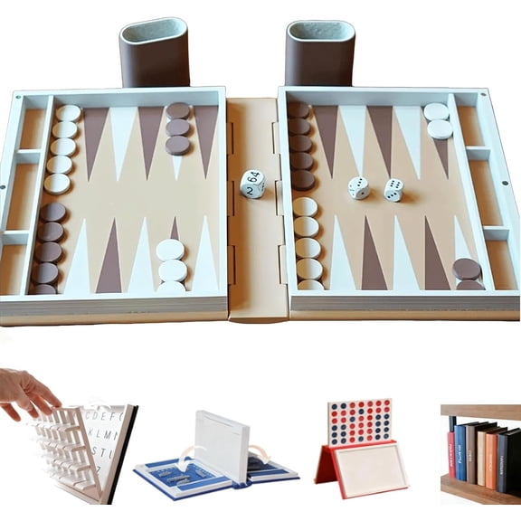 Playbook'd Hangman, Hangman Game Magnetic Cowboy 3D Printed Set, Playbook Board Game, Chess, Four in a Row, Sea Battle, Backgammon, Mancala, Portable Books Design Board Game for Adults (Backgammon)