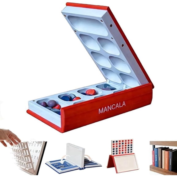 Playbook'd Hangman, Hangman Game Magnetic Cowboy 3D Printed Set, Playbook Board Game, Chess, Four in a Row, Sea Battle, Backgammon, Mancala, Portable Books Design Board Game for Adults (Mancala)