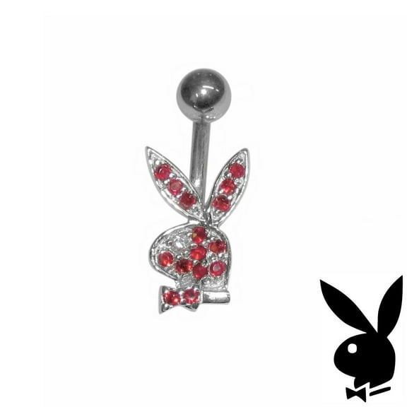 Playboy Belly Ring Sterling Silver Bunny Red Crystals Surgical Steel Barbell Body Jewelry