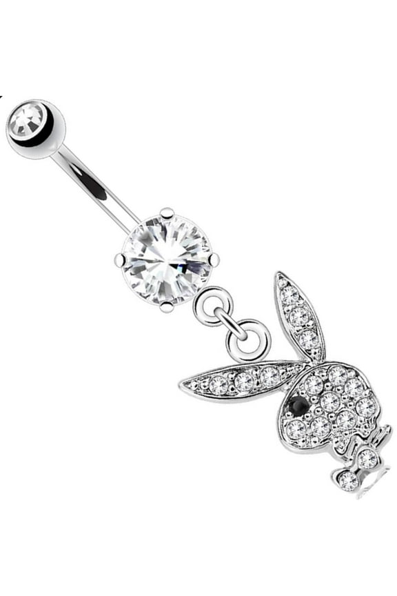 Belly Button Ring Multi Paved Gems on Bunny Dangle Clear/black eye