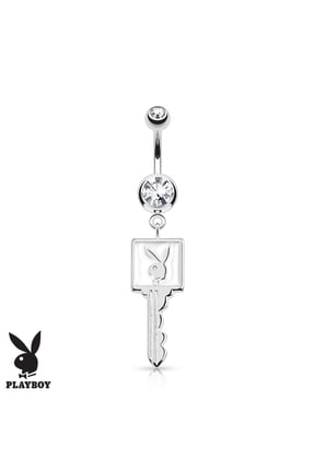 Playboy Bunny Belly Ring - Sorgical Steel Playboy Dangle Navel Ring Enamel Key - Clear Cubic Zirconia