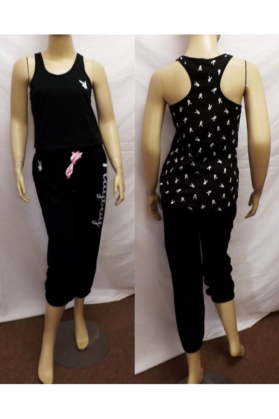 Bunny Playmate Black & White Racerback Cotton Soft Pajama Pant Set, Medium