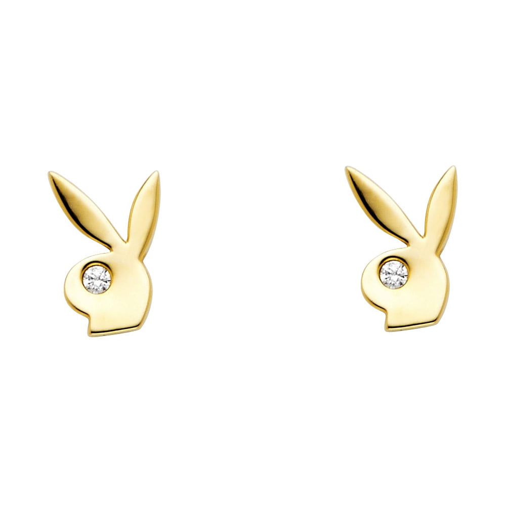 Playboy Bunny Stud Earrings Solid 14k Yellow Gold Rabbit Studs