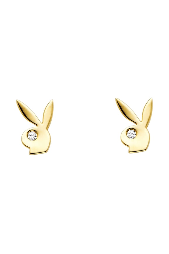 Playboy Bunny Stud Earrings Solid 14k Yellow Gold Rabbit Studs Posts Stylish Polished Fancy 6 mm