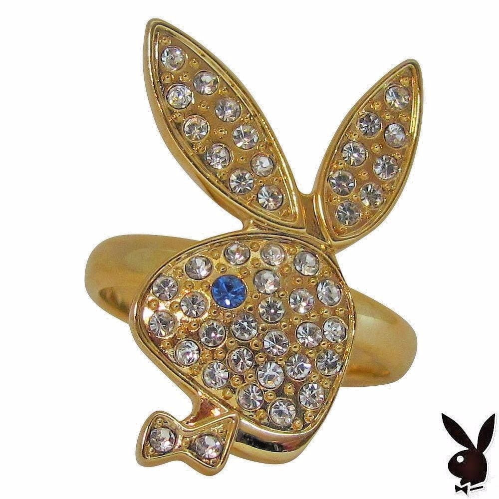Playboy Ring Bunny Logo Swarovski Crystals Gold Plated