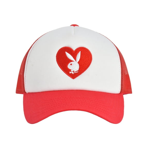 Playboy Trucker Hat, 5 Panel Mesh Adjustable Snapback Baseball Cap with Curved Brim, Red, One Size