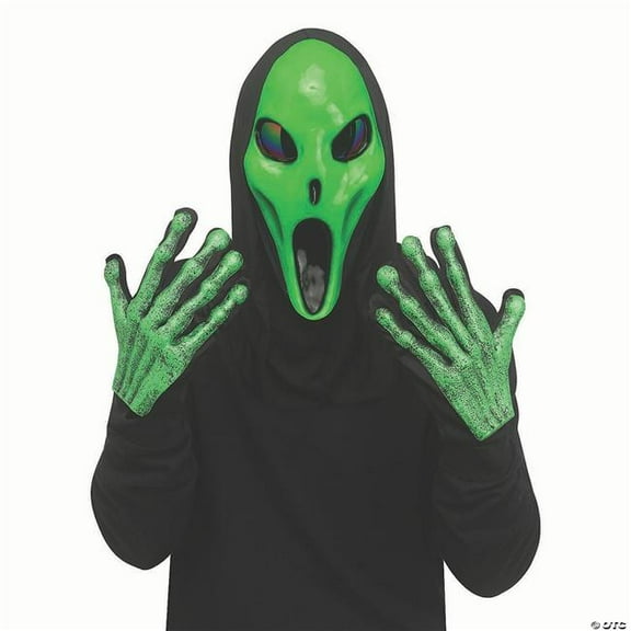 Alien Mask & Glove Set Green Martian Halloween Adult Costume Party Prop
