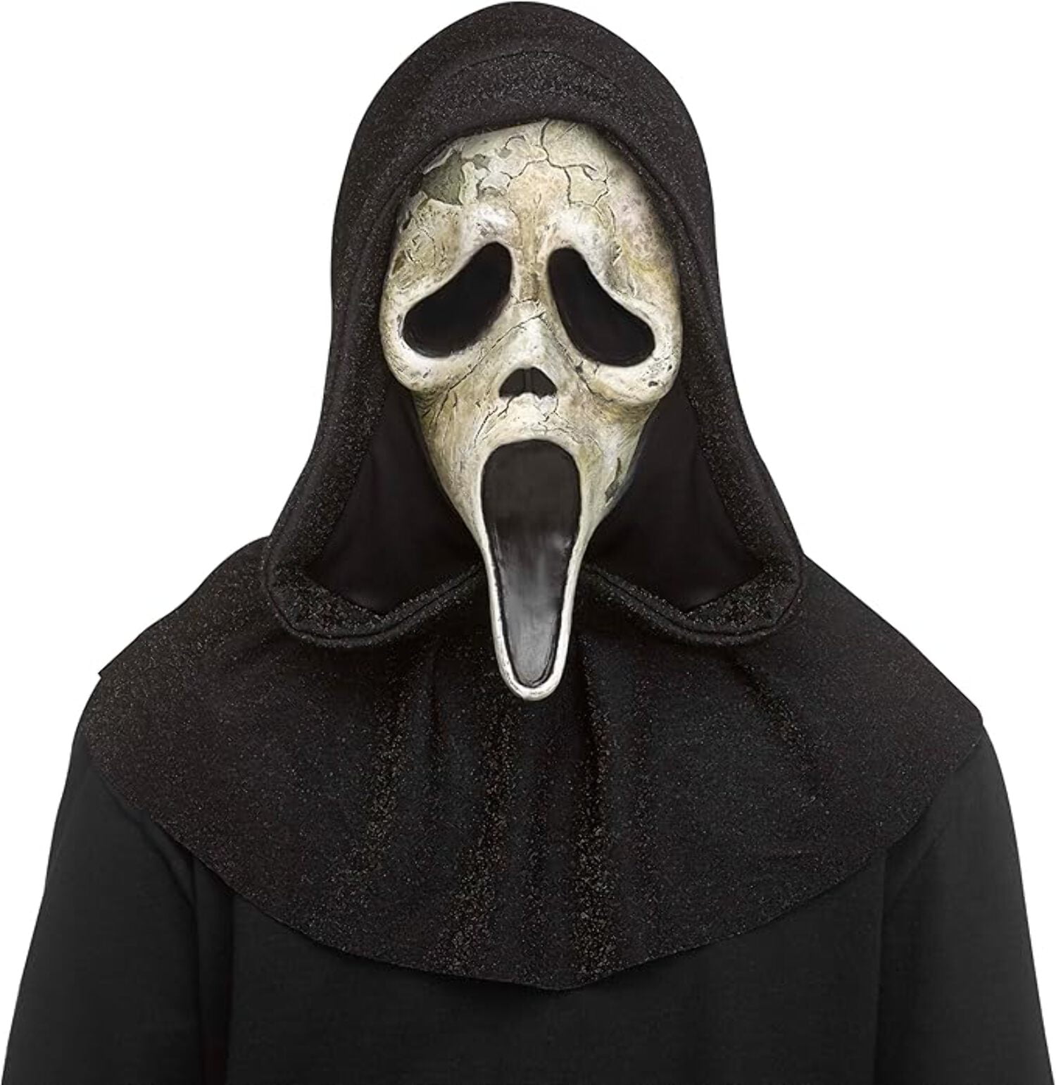 Ghost Face Deluxe Aged Mask with Metallic Shimmer Shroud Official Scream Horror Mask by Fun World Aged Distressed Look Adult Halloween Costume Accessory
