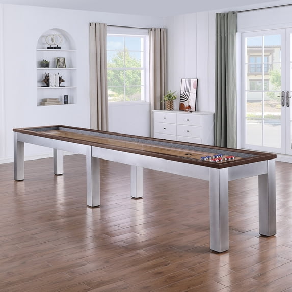 Playcraft Genoa 14’ Pro-Series Shuffleboard, Walnut on Silver