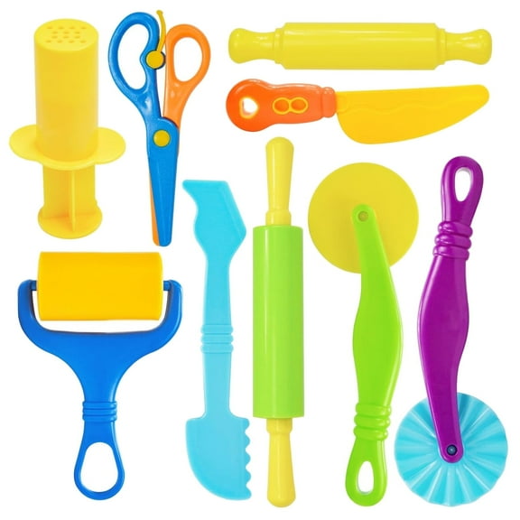 Essential 9 - Piece Playdough Tool Set for 4, 5, 6, 7 , 8 - Year - Olds | Perfect Birthday Gift & Present | Includes Cutters, Roller, Rolling Pins, Safety Scissors & Plastic Knife