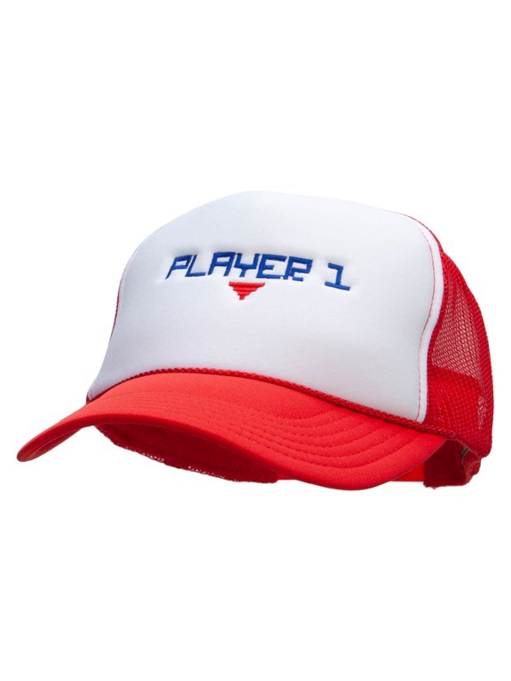 Player 1 Embroidered Foam Panel Mesh Snapback - White Red OSFM