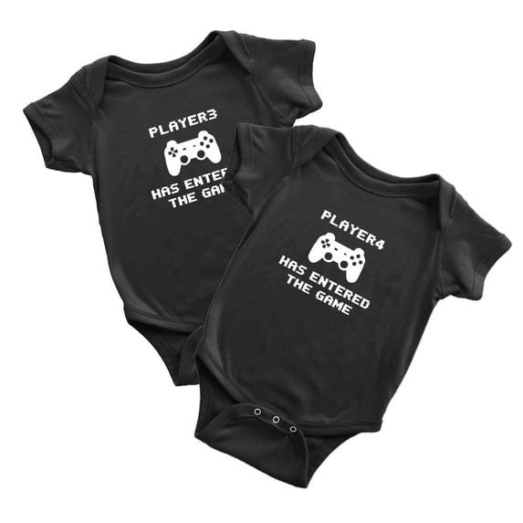 Player 3 Player 4 Has Entered The Game Funny Newborn Twins Baby Rompers Clothes (Black, 18-24M)