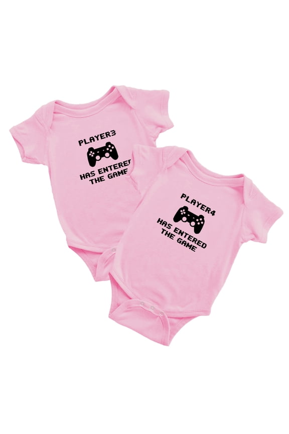 Player 3 Player 4 Has Entered The Game Funny Newborn Twins Baby Rompers Clothes (Pink, 18-24M)