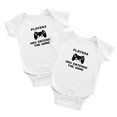 thumbnail image 1 of Player 3 Player 4 Has Entered The Game Funny Newborn Twins Baby Rompers Clothes (White, 0-3M), 1 of 5