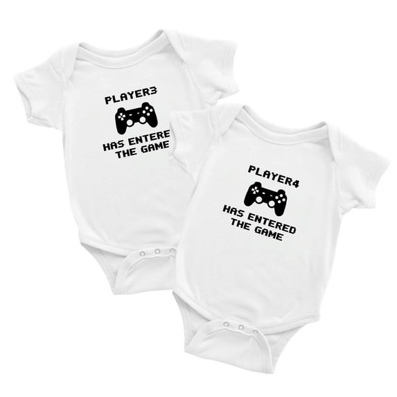 Player 3 Player 4 Has Entered The Game Funny Newborn Twins Baby Rompers Clothes (White, 0-3M)