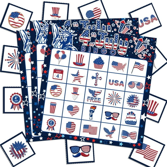 Player Bingo Game Set, Patriotic, American Flag, Independence Day, 4th of July Games (24 game cards + 12 (35pcs stickers) + (25 call cards) + 1 instruction manual)
