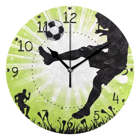 Player Playing Football on Grass Round Wall Clock Silent Analog Battery Operated Black Pointer Home Decor 9.84" Diameter