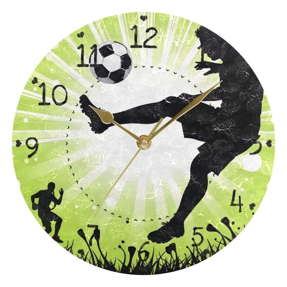 Player Playing Football on Grass Round Wall Clock Silent Analog Battery Operated Gold Pointer Home Decor 9.84" Diameter