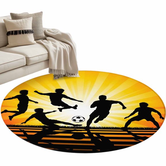 Players Silhouette Round Rug 3ft Washable Circle Entryway Rugs Non Slip Orange Yellow Sunset Glow Football Area Rug Indoor Floor Carpet for Bedroom Kitchen Living Room Home Office Dining Room Nursery