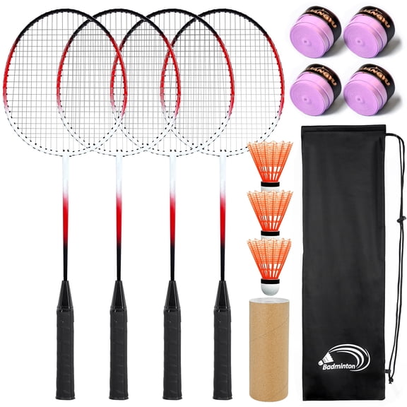 Playfect Badminton Racket Set for 4 Players, 4 Racquets, 3 Shuttlecocks 4 Overgrips with Carry Bag