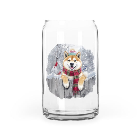 Playful Akita Welcomes Winter Snowy Day with Cardinal Bird 16oz Glass Cup Mug Inu Dog Lover Glass Can - 2017
