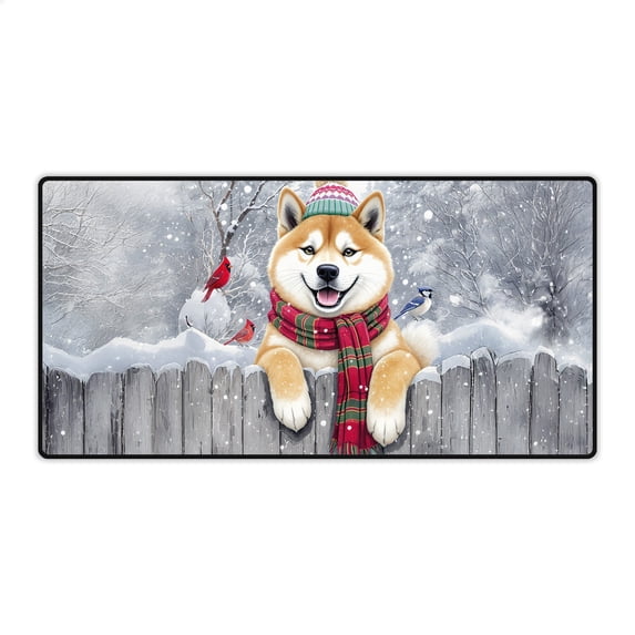 Playful Akita Welcomes Winter Snowy Day with Cardinal Bird Desk Mat Full Keyboard Mouse Pad Inu Dog Lover Large Mousepad - 2017