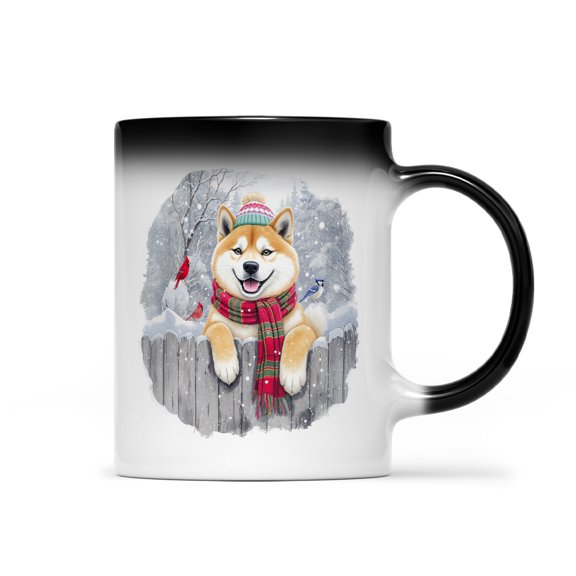 Playful Akita Welcomes Winter Snowy Day with Cardinal Bird Heat Color Changing Mug Inu Dog Lover Magic Coffee Mug - 2017