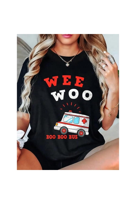 Playful Ambulance Graphic Tee, Tops Has Centered "WEE WOO BOO BOO BUS" & Ambulance Design, Round Neck Regular Fit T - shirts, Size(S - 5XL)