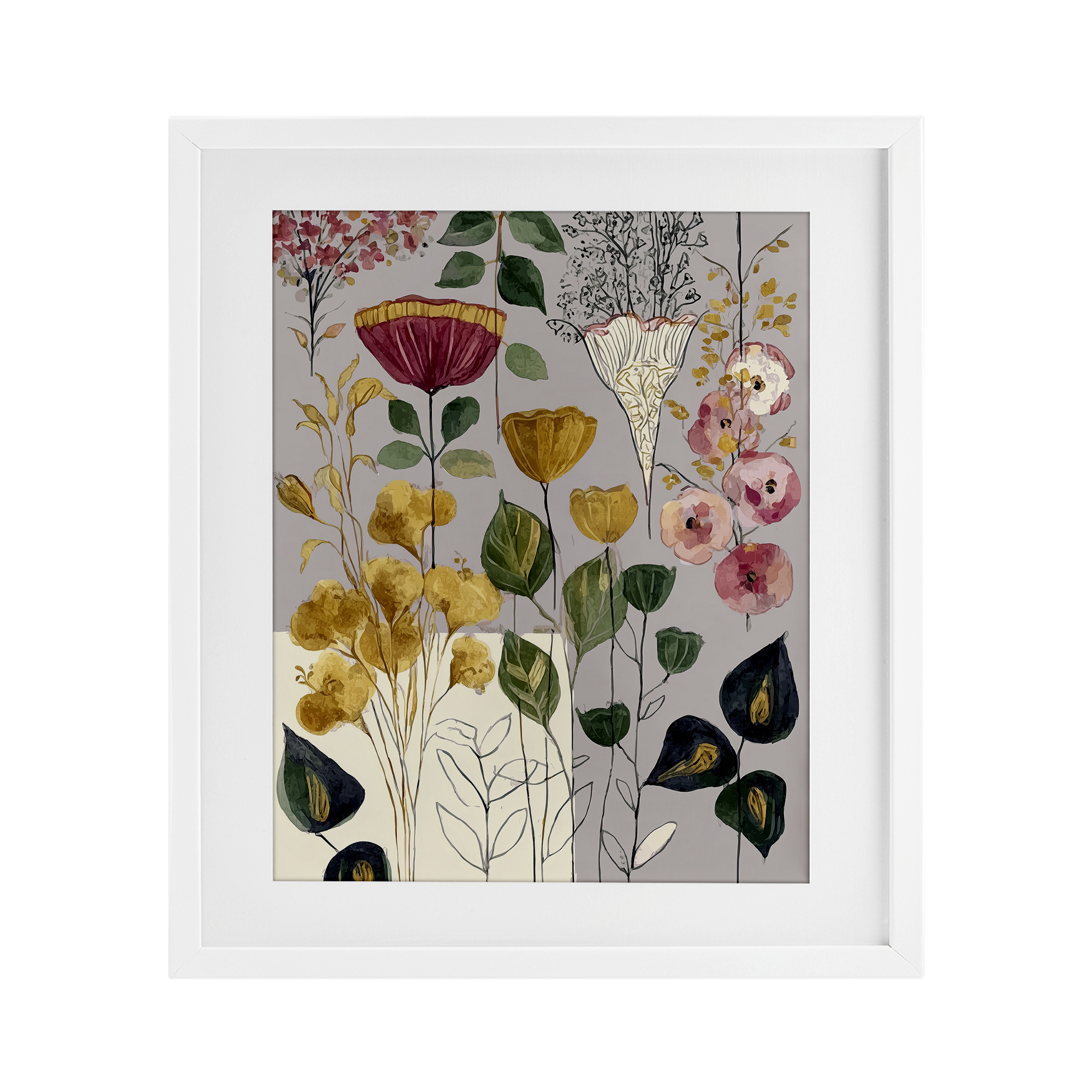 Playful Assumptions Foliage White Framed Print Under Glass, design by Annabelle Hall