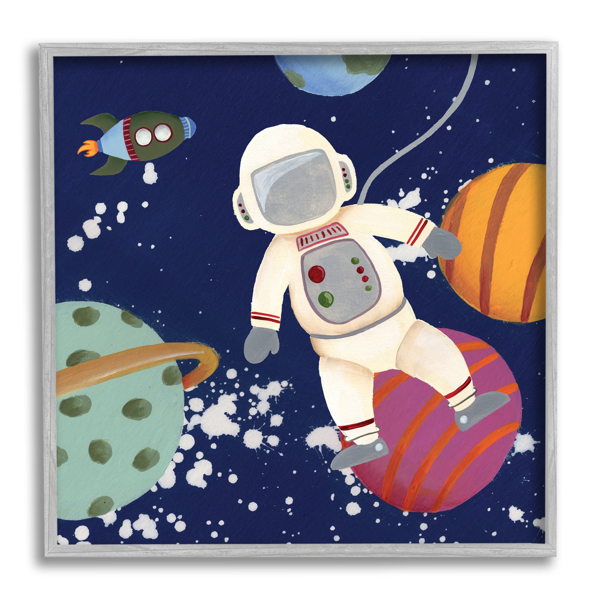 Playful Astronaut Floating In Space Planets Rocketship Novelty Framed Art Print Wall Art, 17x17
