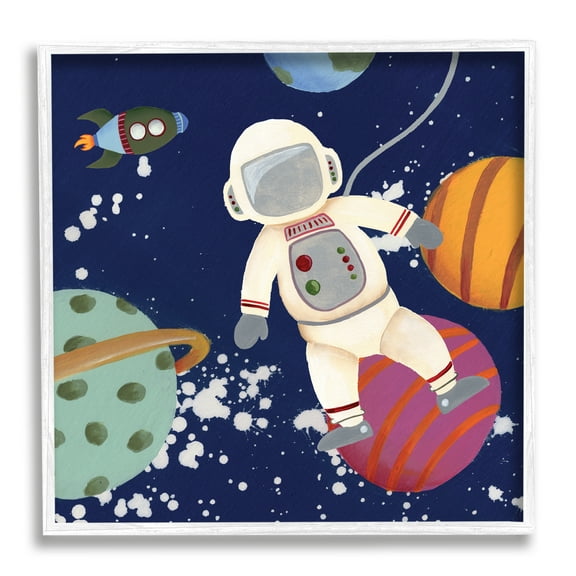 Playful Astronaut Floating In Space Planets Rocketship Novelty Framed Art Print Wall Art, 17x17