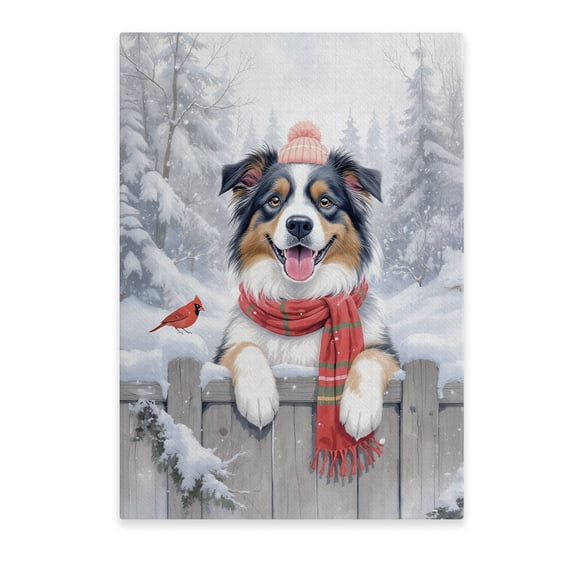 Playful Australian Shepherd Welcomes Winter Snowy Day with Cardinal Bird Vertical Matte Canvas Poster Aussie Dog Lover Gifts Wall Art Home Decor - 2017