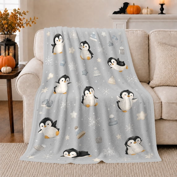 Playful Baby Penguins Frosty Blue Scene Cute Cartoon, Festive Holiday Scene, Warm Flannel Blanket for Living Room and Bedroom, Art Lovers Valentine's Day Gift, Playful Home Decor