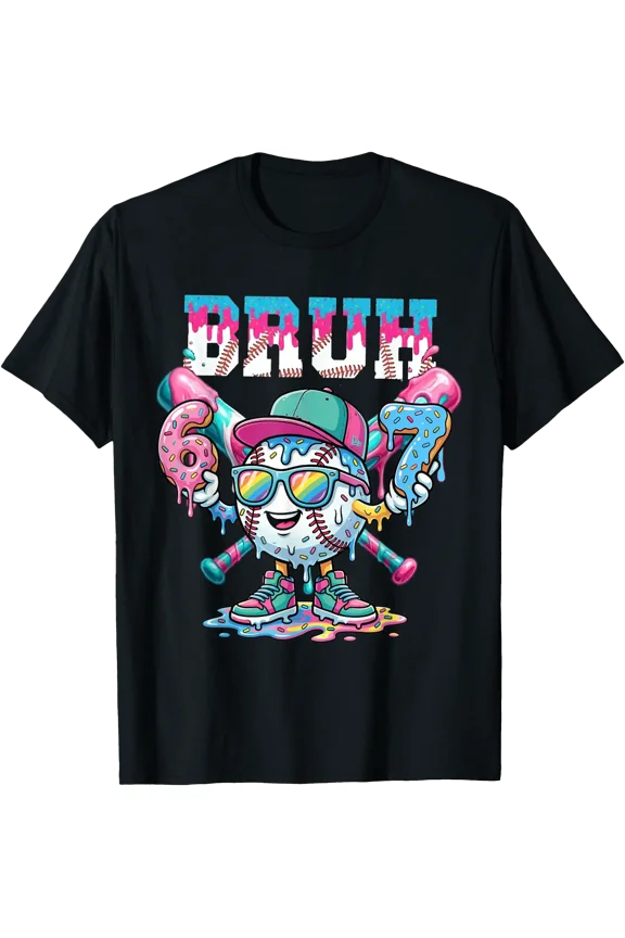 Playful Baseball Cartoon T-Shirt with Ice Cream Drip Design for Fun Summer Style