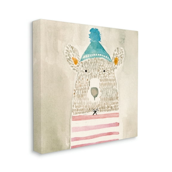 Playful Bear Portrait Hipster Beanie Red Stripes Animals & Insects Gallery-Wrapped Canvas Print Wall Art, 17x17