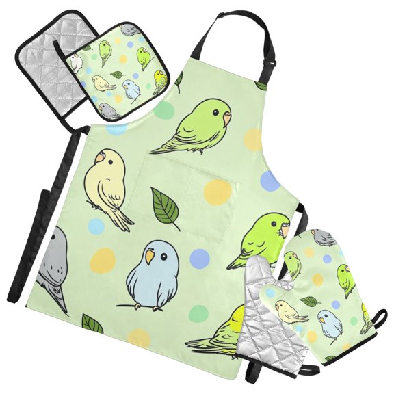 Playful Birds Oven Mitts and Pot Holders with Chef Apron Set 5 Pcs Kitchen Cooking Set